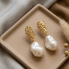 Gold Textured Baroque Pearl Drop Earrings