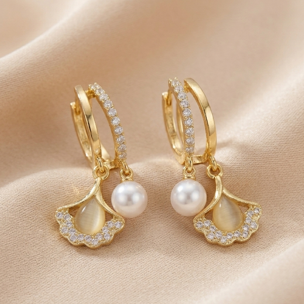 Golden Pearl Drop Bloom Earrings (Anti-Tarnish)