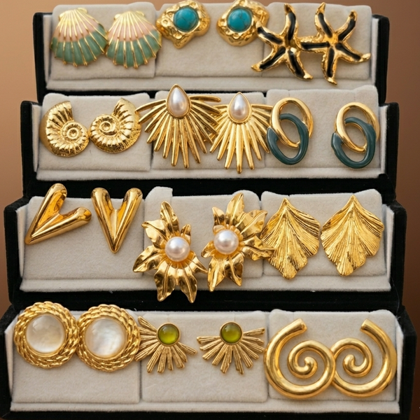 Golden Statement Stud Earrings Set (Anti Tarnish)