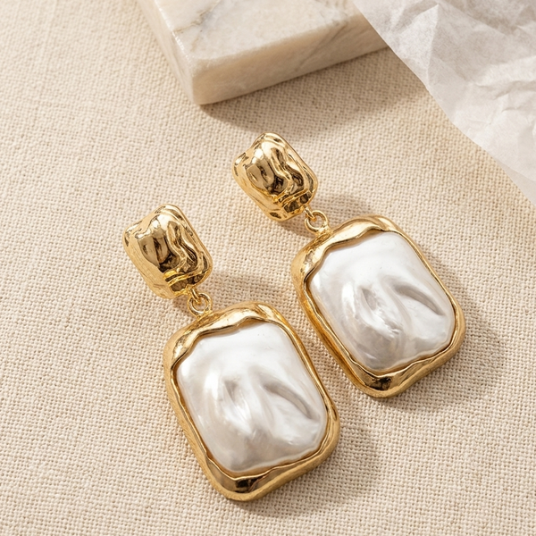 Golden Pearl Frame Drop Earrings (Anti-Tarnish)