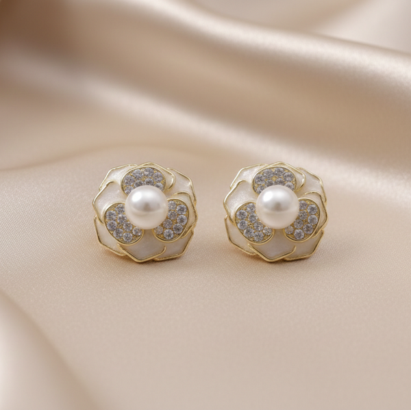 Pearl Blossom Crystal Stud Earrings