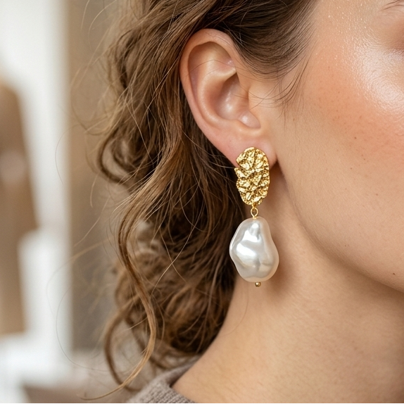 Gold Textured Baroque Pearl Drop Earrings