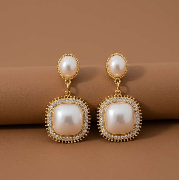 Royal Pearl Halo Drop Earrings (Anti Tarnish)