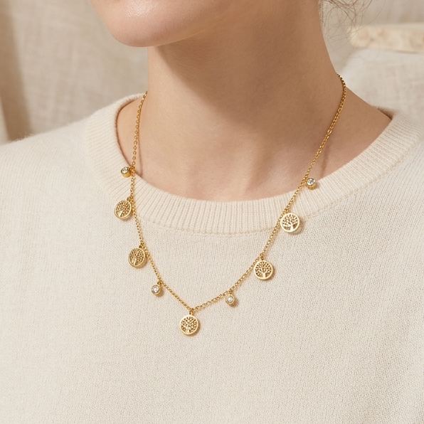 Golden Tree Charm Necklace (Anti-Tarnish)