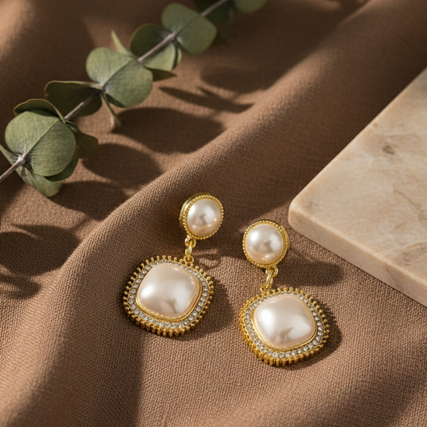 Royal Pearl Halo Drop Earrings (Anti Tarnish)