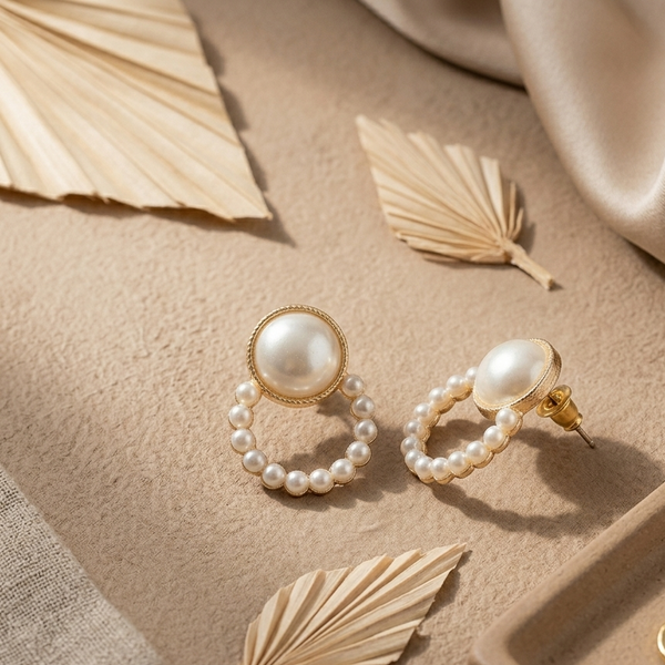 Gold Pearl Circle Stud Earrings