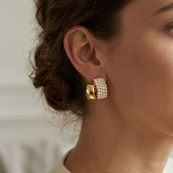 Gold Pearl Half Hoop Earrings (Anti-Tarnish)