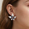 Blue White Floral Statement Stud Earrings (Anti-Tarnish)