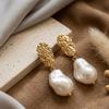 Gold Textured Baroque Pearl Drop Earrings
