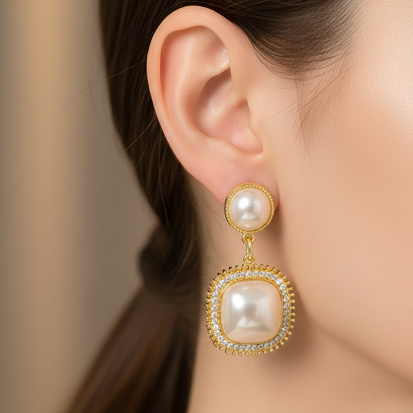 Royal Pearl Halo Drop Earrings (Anti Tarnish)