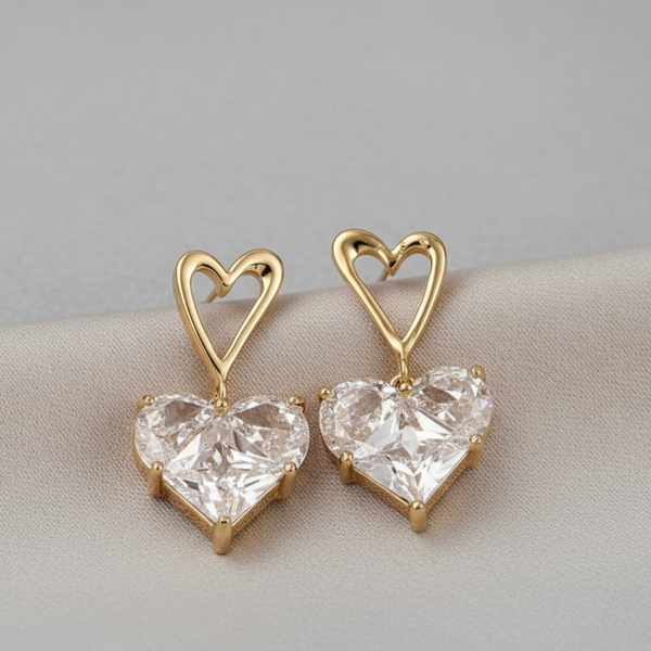 Crystal Heart Charm Drop Earrings (Anti Tarnish)