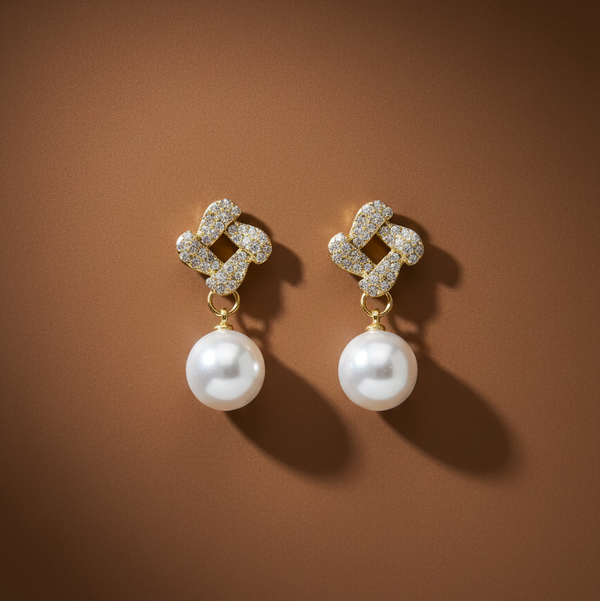 Golden Clover Pearl Drop Earrings