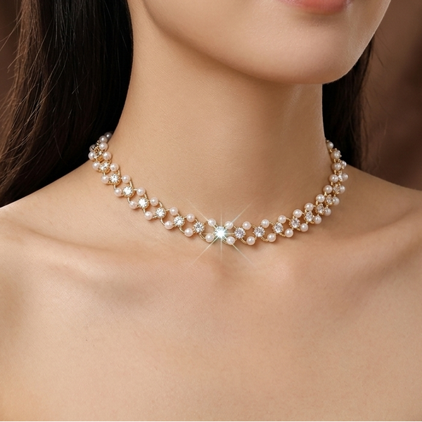 Gold Pearl Crystal Statement Necklace (Anti-Tarnish)