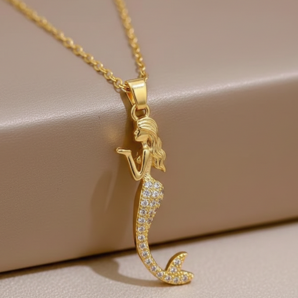 Golden Mermaid Charm Pendant Necklace (Anti Tarnish)