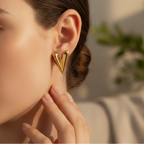 Golden Heart Statement Stud Earrings (Anti Tarnish)