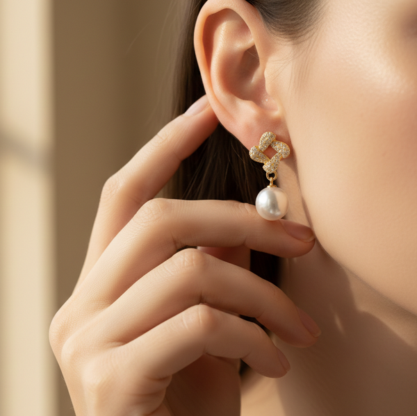 Golden Clover Pearl Drop Earrings
