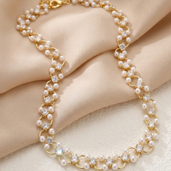 Gold Pearl Crystal Statement Necklace (Anti-Tarnish)