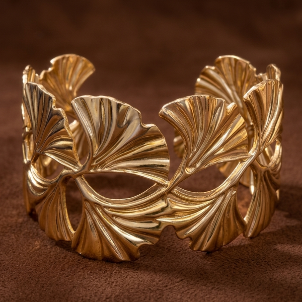 Golden Leaf Texture Cuff Bracelet (Anti Tarnish)