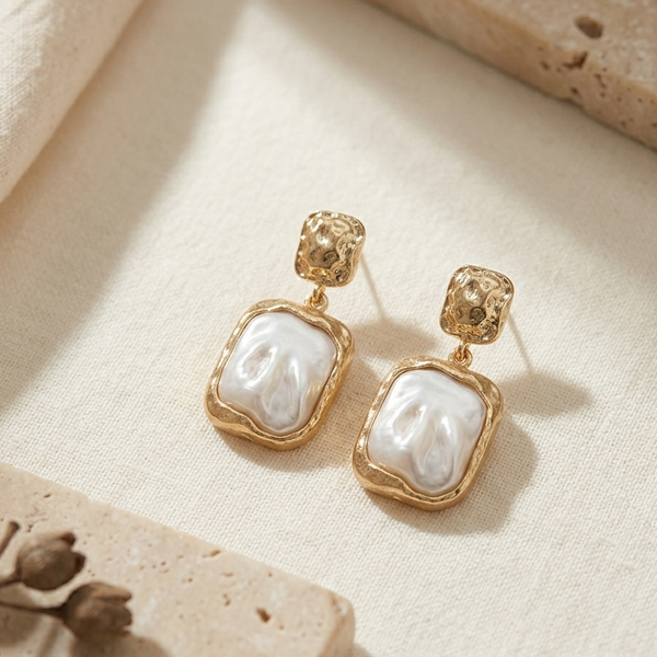Gold Pearl Square Drop Earrings (Anti-Tarnish)