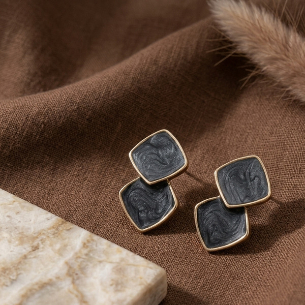 Midnight Marble Duo Stud Earrings (Anti-Tarnish)