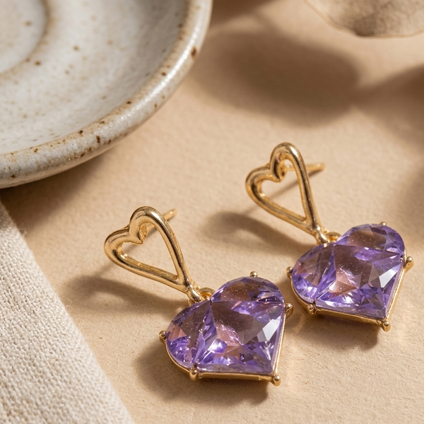 Amethyst Heart Drop Earrings (Anti-Tarnish)