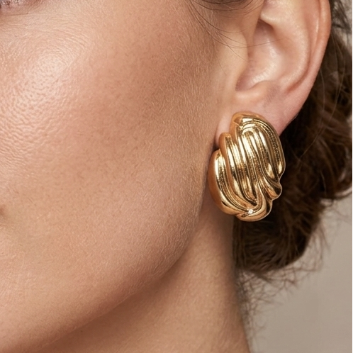 Gold Sculpted Wave Stud Earrings (Anti-Tarnish)