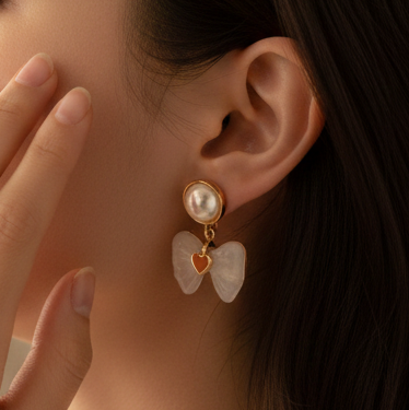 Pearl Bow Charm Studs