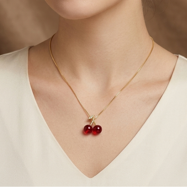 Gold Cherry Pendant Necklace (Anti-Tarnish)