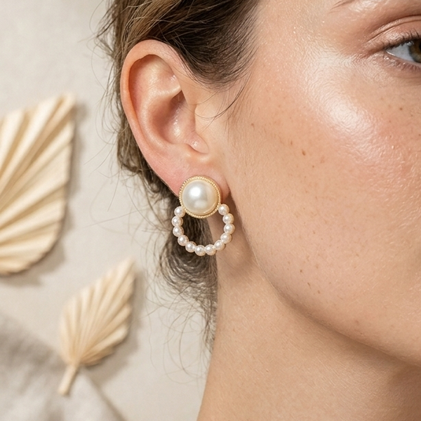Gold Pearl Circle Stud Earrings