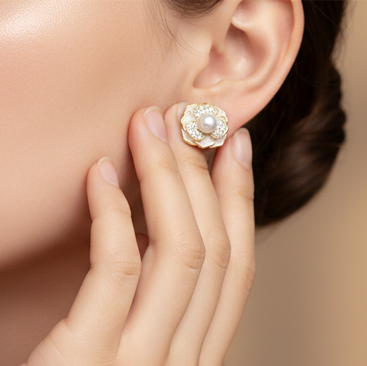 Pearl Blossom Crystal Stud Earrings