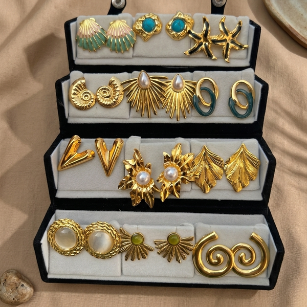 Golden Statement Stud Earrings Set (Anti Tarnish)