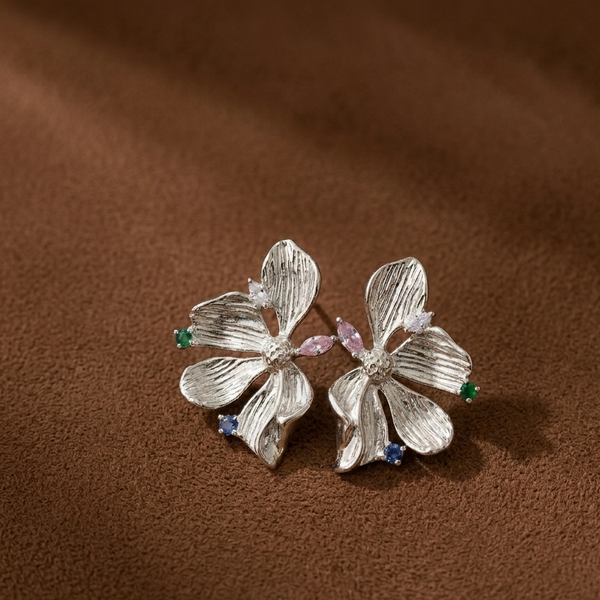 Silver Floral Crystal Statement Earrings (Anti-Tarnish)
