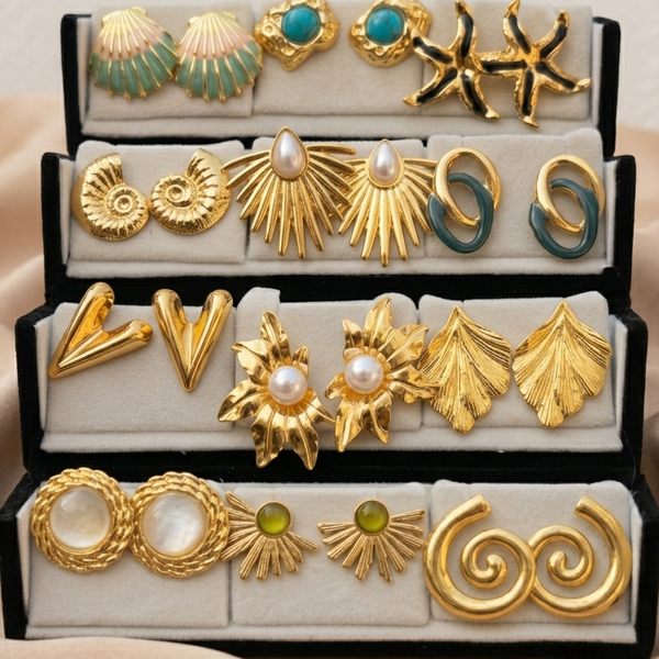 Golden Statement Stud Earrings Set (Anti Tarnish)