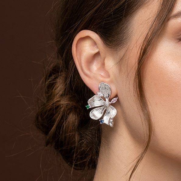 Silver Floral Crystal Statement Earrings (Anti-Tarnish)