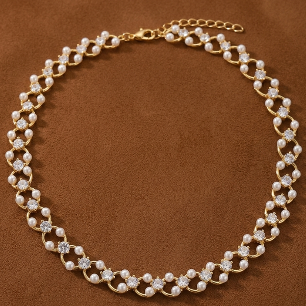 Gold Pearl Crystal Statement Necklace (Anti-Tarnish)