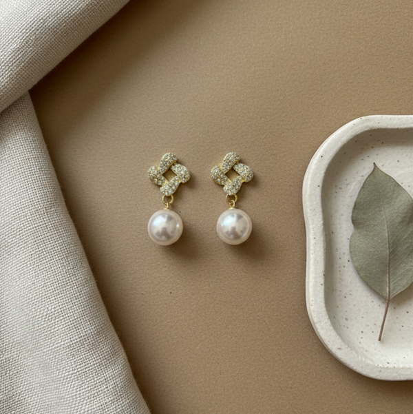 Golden Clover Pearl Drop Earrings