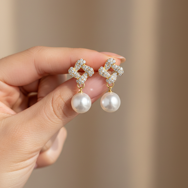 Golden Clover Pearl Drop Earrings
